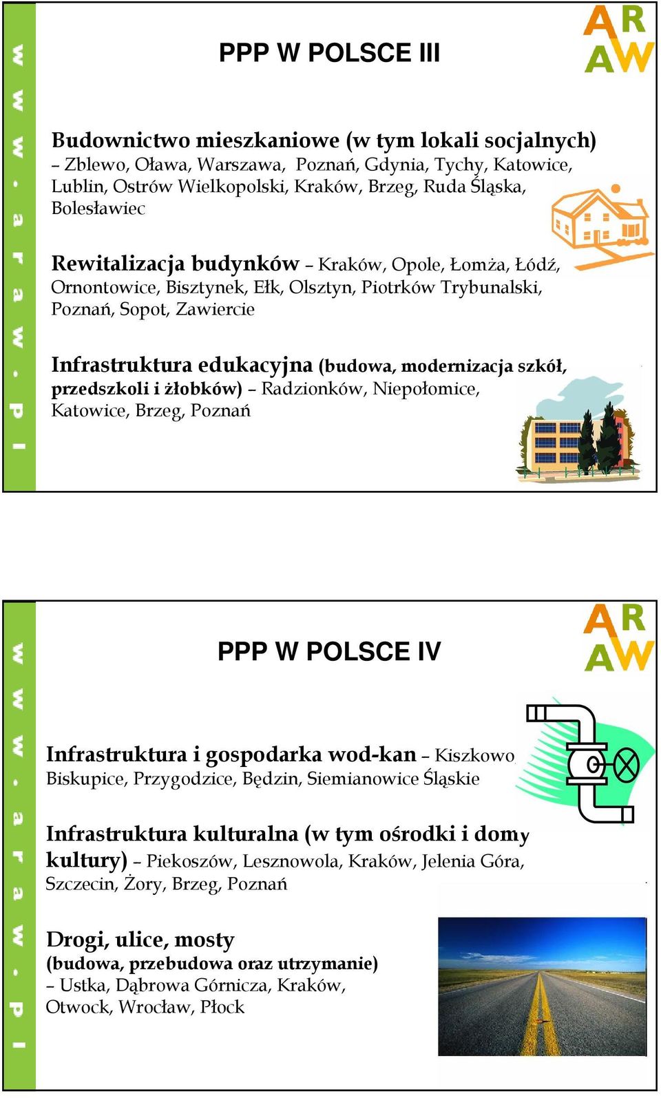 przedszkoli i Ŝłobków) Radzionków, Niepołomice, Katowice, Brzeg, Poznań PPP W POLSCE IV Infrastruktura i gospodarka wod-kan Kiszkowo, Biskupice, Przygodzice, Będzin, Siemianowice Śląskie