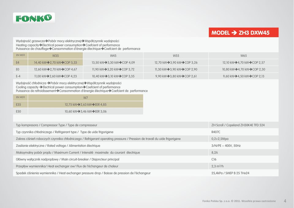 11,90 kw 3,20 kw COP 3,72 11,30 kw 3,90 kw COP 2,90 10,80 kw 4,70 kw COP 2,30 E-4 11,00 kw 2,60 kw COP 4,23 10,40 kw 3,10 kw COP 3,35 9,90 kw 3,80 kw COP 2,61 9,60 kw 4,50 kw COP 2,13 Wydajność