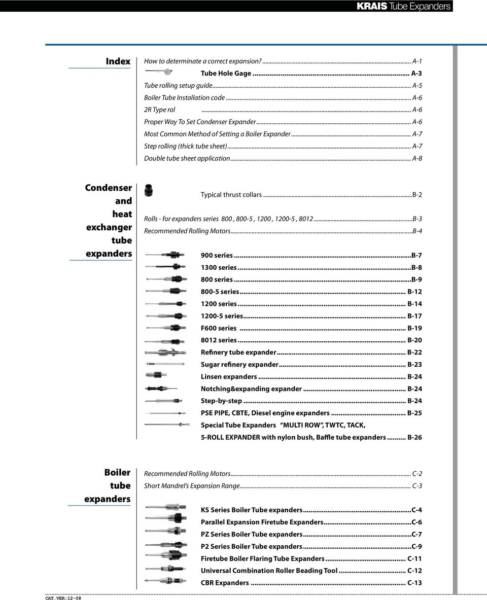 .. A-8 Condenser and heat exchanger tube expanders Typical thrust collars...b-2 Rolls - for expanders series 800, 800-5, 1200, 1200-5, 8012...B-3 Recommended Rolling Motors...B-4 900 series.