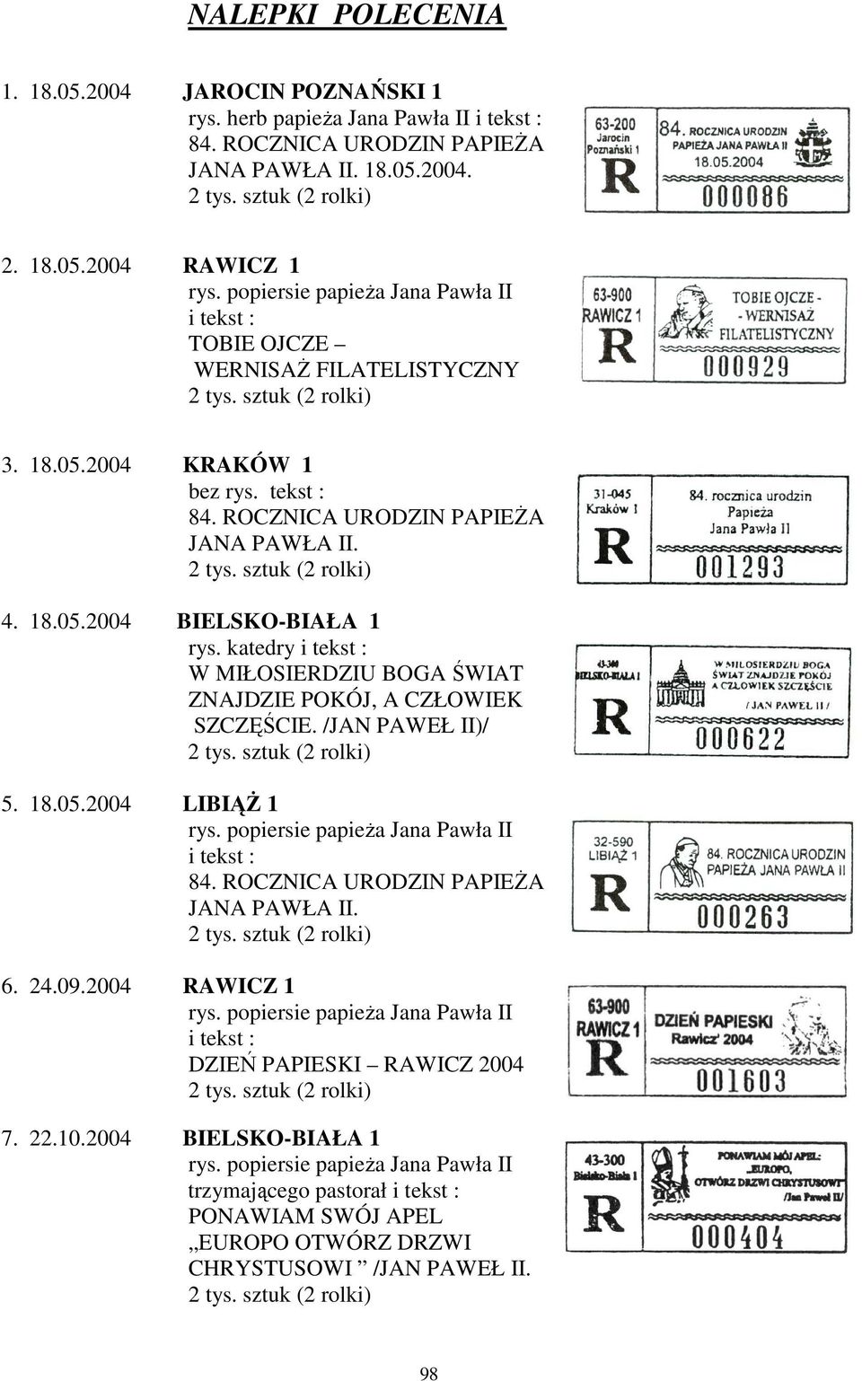 katedry i tekst : W MIŁOSIERDZIU BOGA ŚWIAT ZNAJDZIE POKÓJ, A CZŁOWIEK SZCZĘŚCIE. /JAN PAWEŁ II)/ 5. 18.05.2004 LIBIĄŻ 1 rys. popiersie papieża Jana Pawła II i tekst : 6. 24.09.