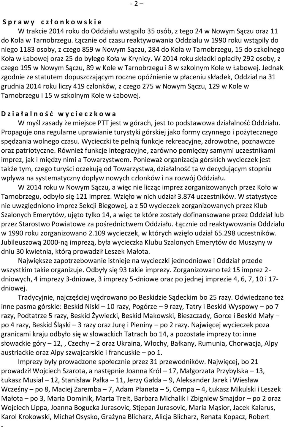 W 2014 roku składki opłaciły 292 osoby, z czego 195 w Nowym Sączu, 89 w Kole w Tarnobrzegu i 8 w szkolnym Kole w Łabowej.