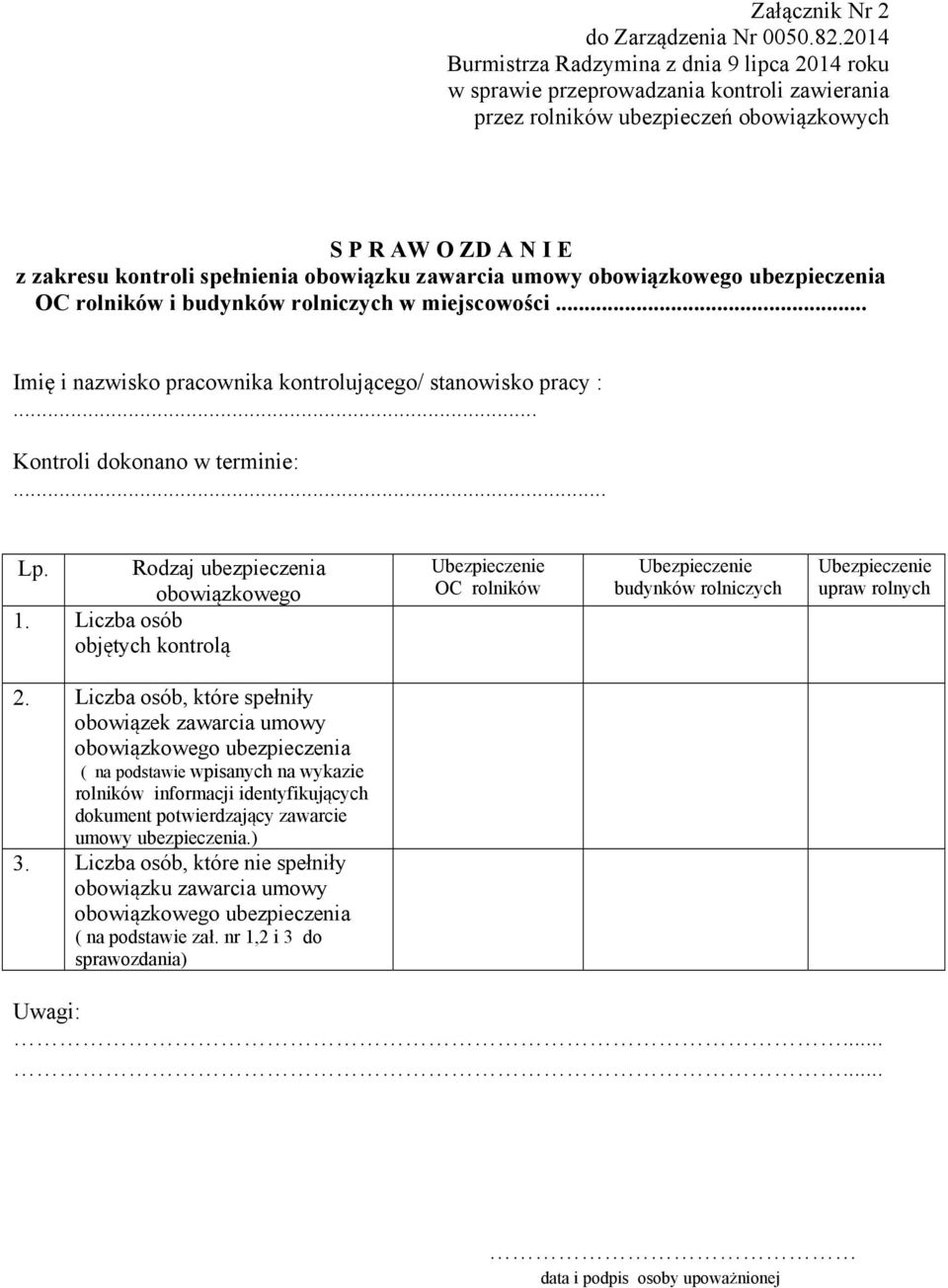 zawarcia umowy obowiązkowego ubezpieczenia OC rolników i budynków rolniczych w miejscowości... Imię i nazwisko pracownika kontrolującego/ stanowisko pracy :... Kontroli dokonano w terminie:... Lp.