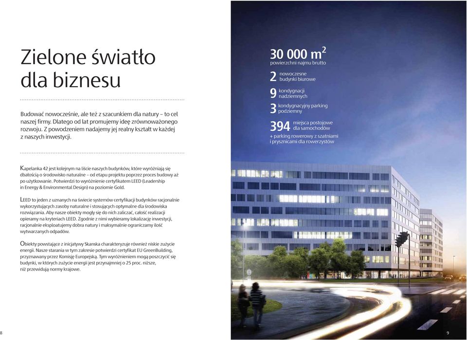 30 000 m 2 powierzchni najmu brutto 2 nowoczesne budynki biurowe 9 3 394 kondygnacji nadziemnych kondygnacyjny parking podziemny miejsca postojowe dla samochodów + parking rowerowy z szatniami i