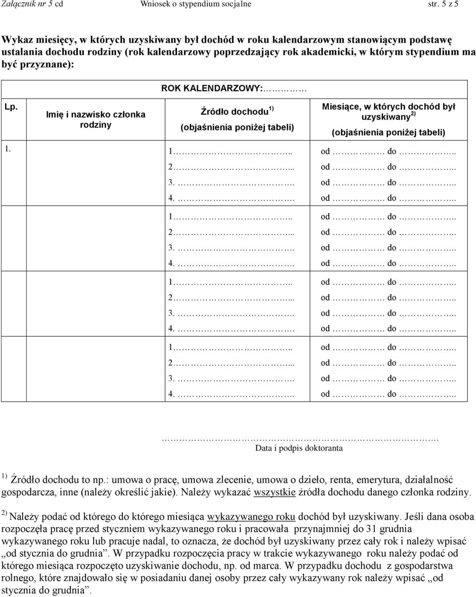 przyznane): ROK KALENDARZOWY: Lp. Imię i nazwisko członka rodziny Źródło dochodu 1) (objaśnienia poniżej tabeli) Miesiące, w których dochód był uzyskiwany 2) (objaśnienia poniżej tabeli) 1.