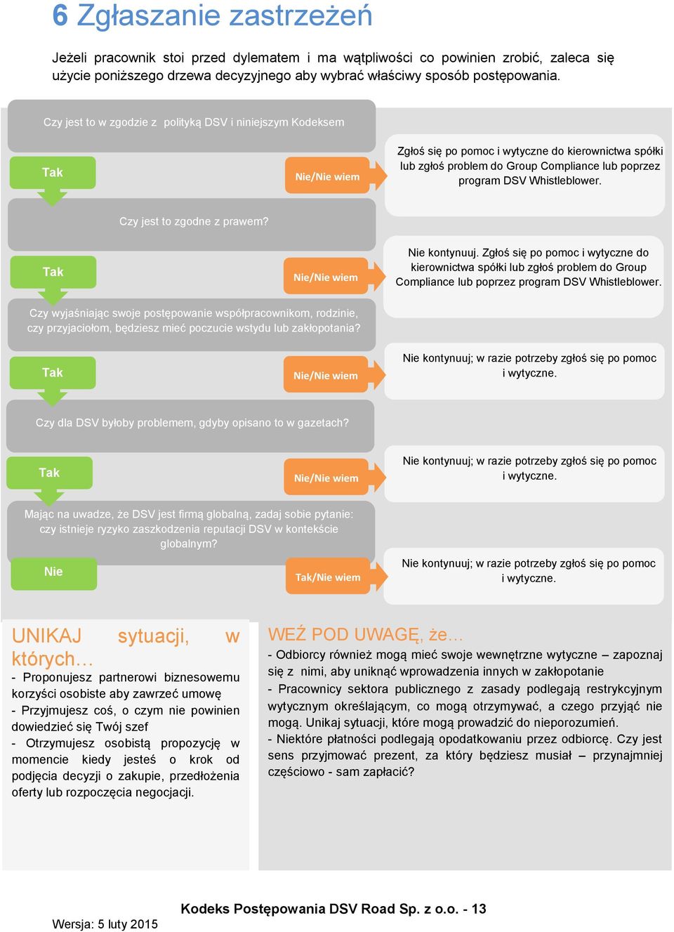 Tak Nie/Nie wiem Zgłoś się po pomoc i wytyczne do kierownictwa spółki lub zgłoś problem do Group Compliance lub poprzez program DSV Whistleblower. Czy jest to zgodne z prawem?