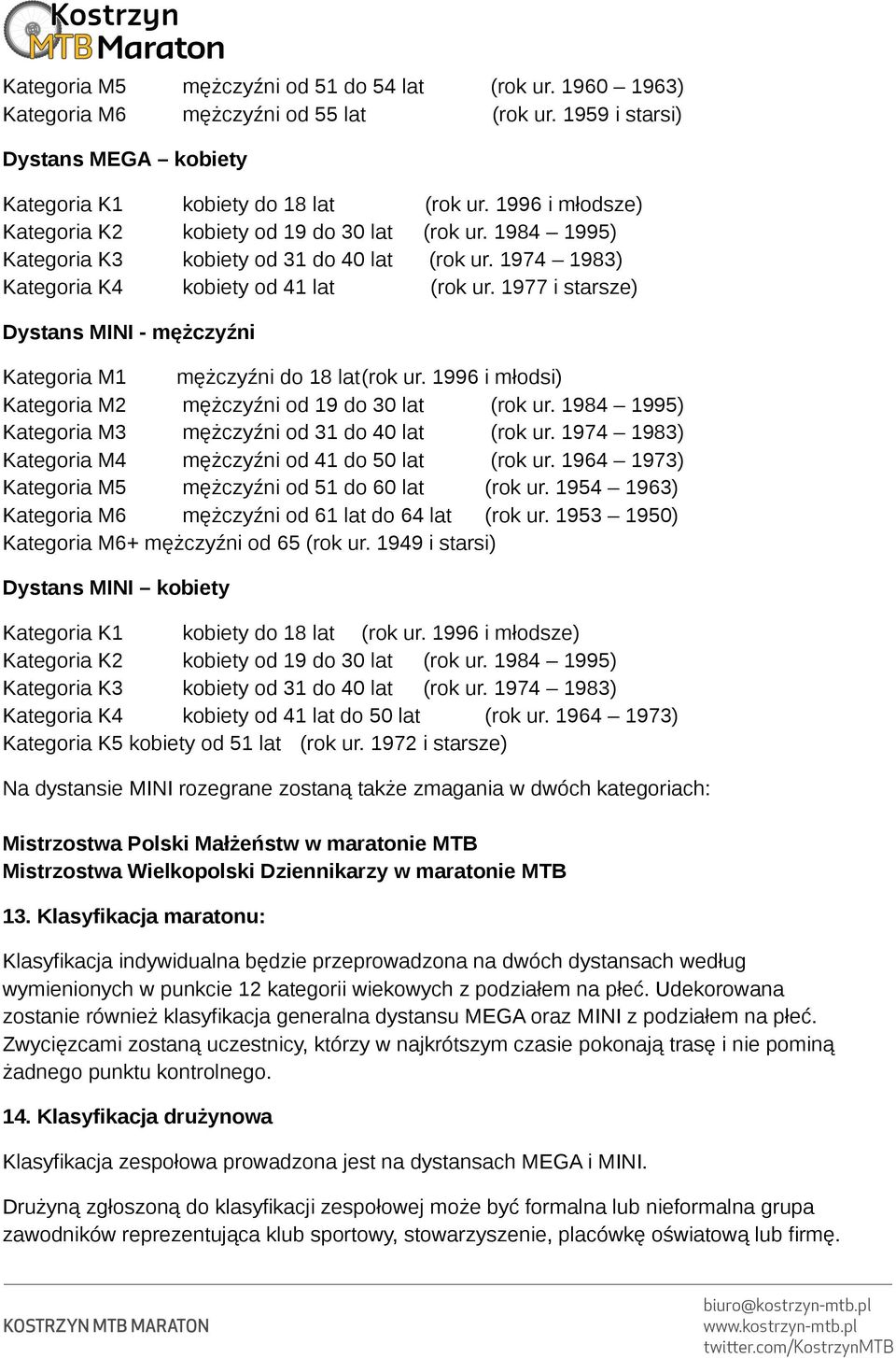 1977 i starsze) Dystans MINI - mężczyźni Kategoria M1 mężczyźni do 18 lat(rok ur. 1996 i młodsi) Kategoria M2 mężczyźni od 19 do 30 lat (rok ur.