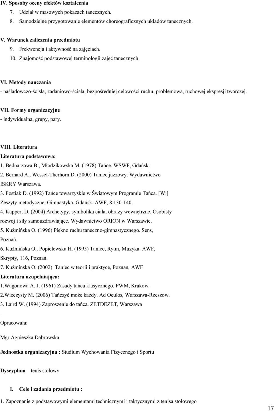 Metody nauczania - naśladowczo-ścisła, zadaniowo-ścisła, bezpośredniej celowości ruchu, problemowa, ruchowej ekspresji twórczej. VII. Formy organizacyjne - indywidualna, grupy, pary. VIII.
