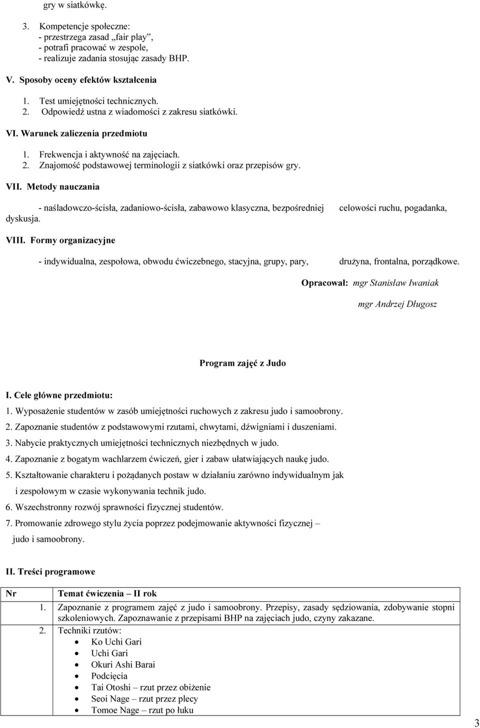 VII. Metody nauczania - naśladowczo-ścisła, zadaniowo-ścisła, zabawowo klasyczna, bezpośredniej celowości ruchu, pogadanka, dyskusja. VIII.