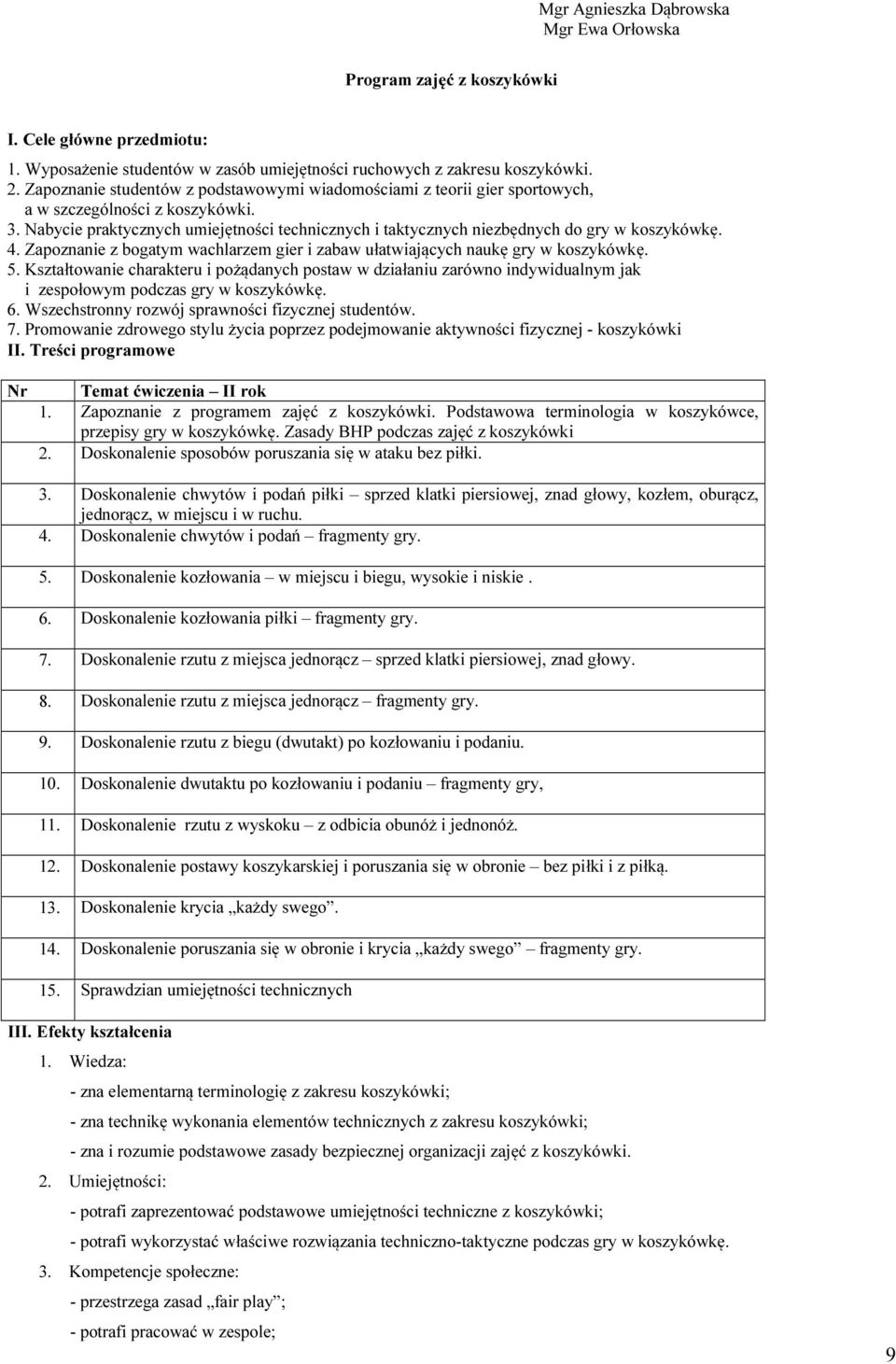 Nabycie praktycznych umiejętności technicznych i taktycznych niezbędnych do gry w koszykówkę. 4. Zapoznanie z bogatym wachlarzem gier i zabaw ułatwiających naukę gry w koszykówkę. 5.