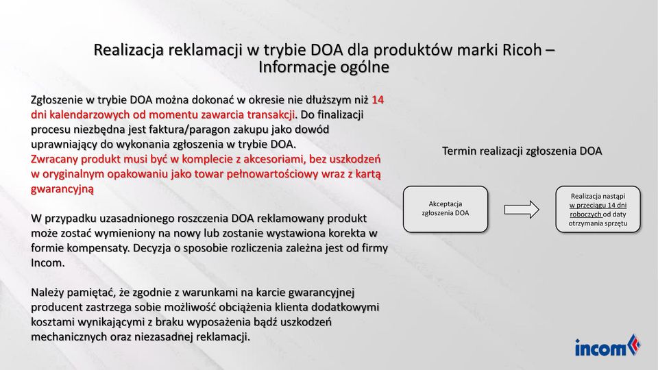 Zwracany produkt musi być w komplecie z akcesoriami, bez uszkodzeń w oryginalnym opakowaniu jako towar pełnowartościowy wraz z kartą gwarancyjną W przypadku uzasadnionego roszczenia DOA reklamowany