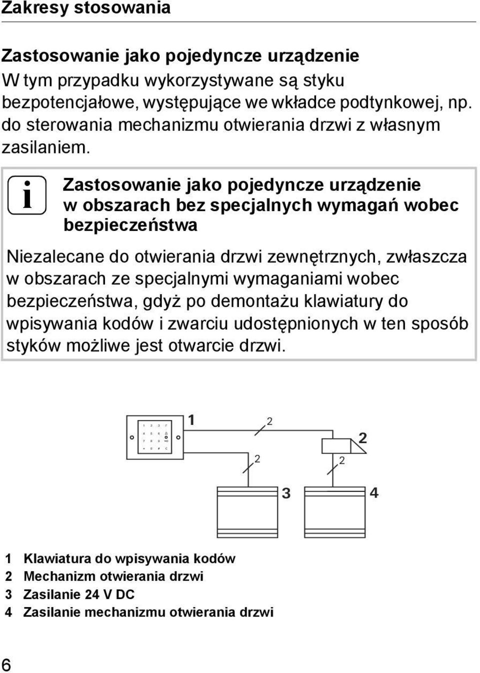 i Zastosowanie jako pojedyncze urządzenie w obszarach bez specjalnych wymagań wobec bezpieczeństwa Niezalecane do otwierania drzwi zewnętrznych, zwłaszcza w obszarach ze