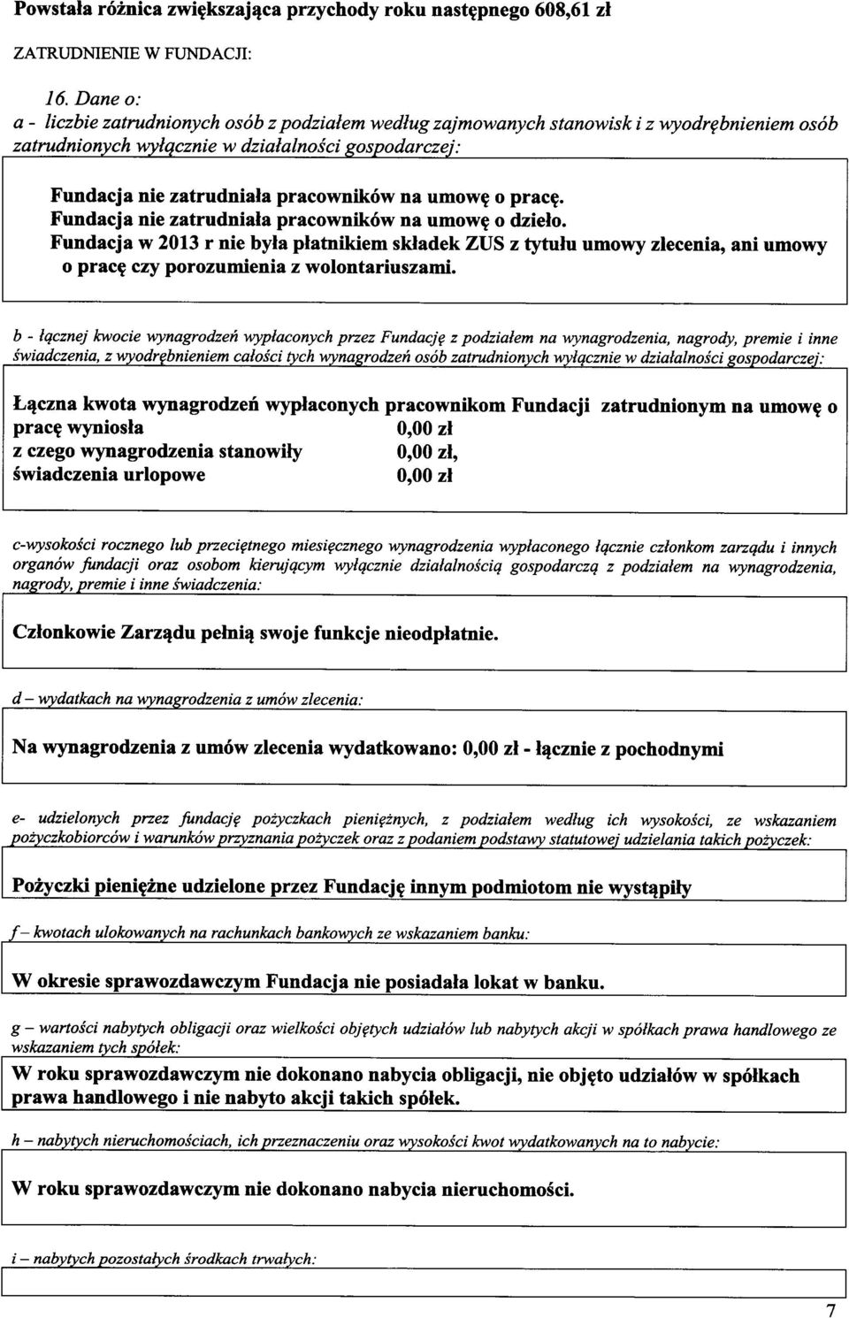 Fundacja nie zatrudniala pracownik6w na umowg o dzielo. Fundacja w 2013 r nie byla platnikiem skladek ZUS z tytulu umowy zlecenia, ani umowy o praca czy porozumienia z wolontariuszami.