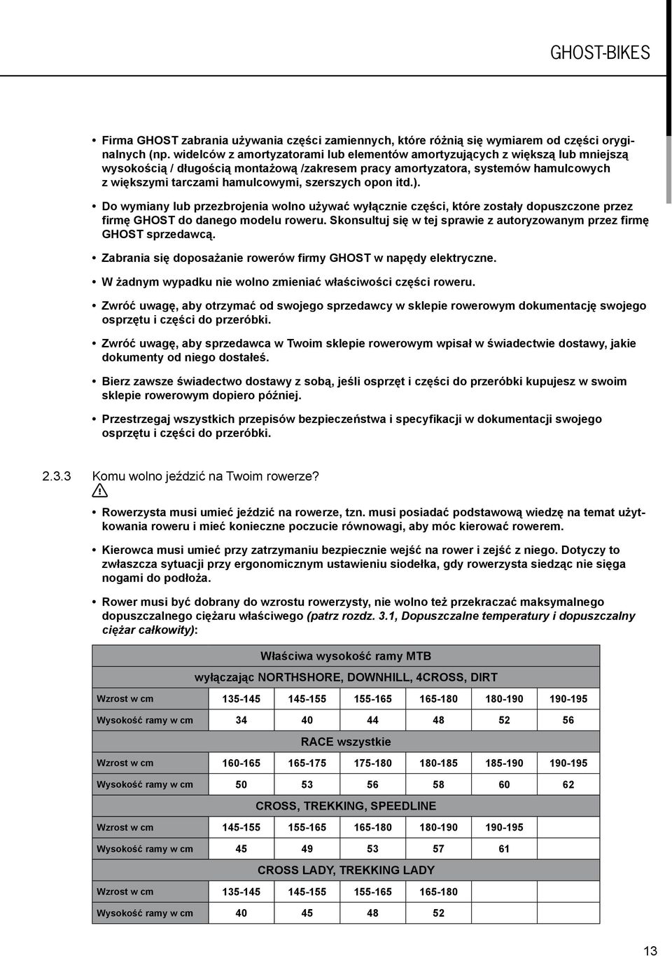 szerszych opon itd.). Do wymiany lub przezbrojenia wolno używać wyłącznie części, które zostały dopuszczone przez firmę GHOST do danego modelu roweru.