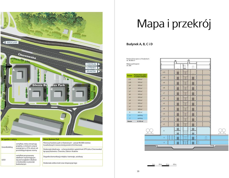 600 Poziom Powierzchnia najmu w każdym budynku +11 970 m 2 +10 970 m 2 +9 970 m 2 +8 970 m 2 +7 970 m 2 +6 970 m 2 +5 970 m 2 +4 970 m 2 +3 970 m 2 +2 970 m 2 +1 970 m 2 0 885 m 2-1 parking +11 +10