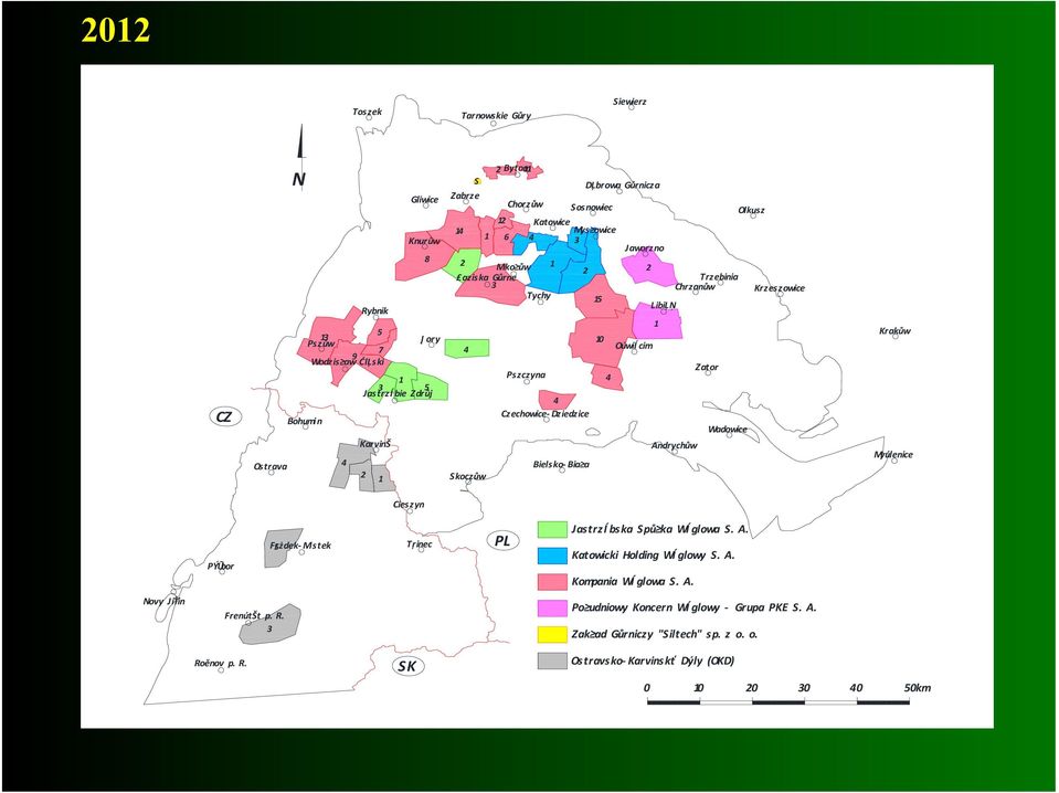 Czechowice- Dziedzice Wadowice Andrychůw Bielsko- Bia a Skoczůw Krakůw Myúlenice Cieszyn PÝŪbor Frżdek- 5 Mistek Tŗinec PL JastrzÍ bska Spů ka WÍ glowa S. A. Katowicki Holding WÍ glowy S. A. Kompania WÍ glowa S.