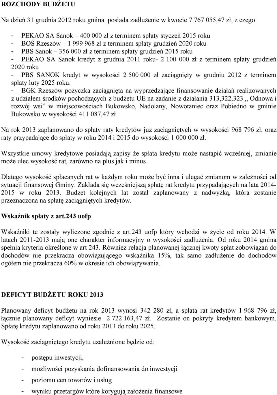 SANOK kredyt w wysokości 2 500 000 zł zaciągnięty w grudniu 2012 z terminem spłaty luty 2025 roku.