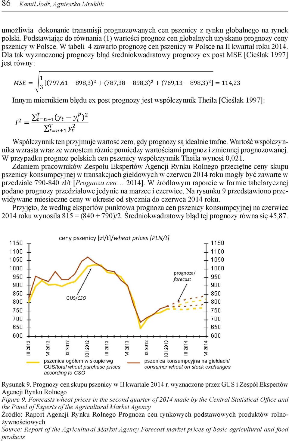 Dla tak wyznaczonej prognozy błąd średniokwadratowy prognozy ex post MSE [Cieślak 1997] jest równy: ) ( ) ( ) ] [( ) ( ) ( ) ] Innym miernikiem błędu ex post prognozy jest współczynnik Theila