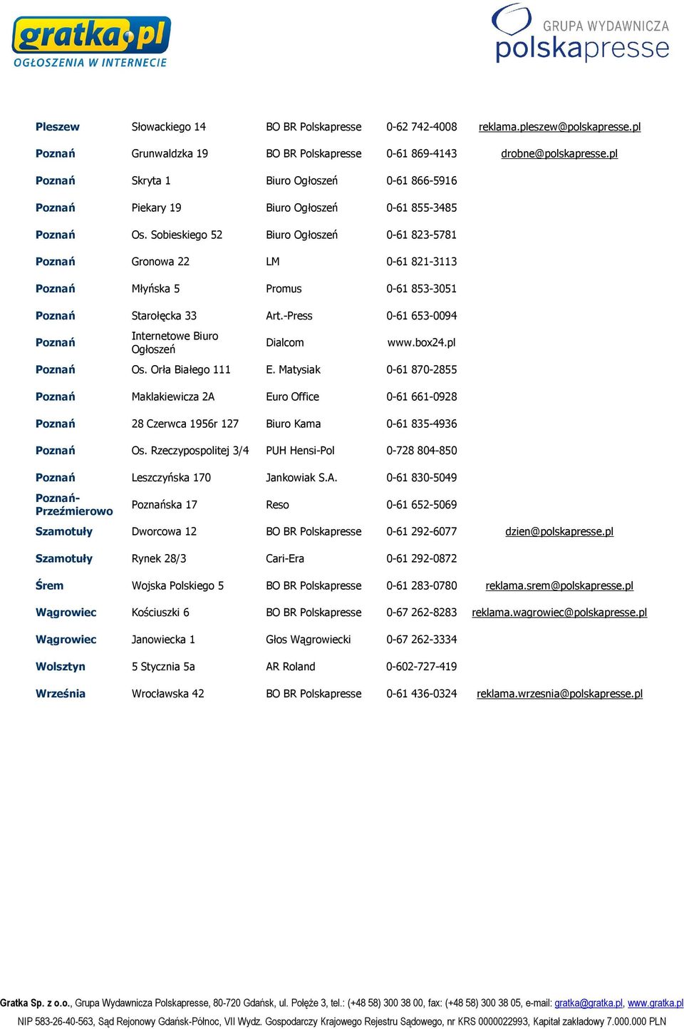 Sobieskiego 52 Biuro Ogłoszeń 0-61 823-5781 Poznań Gronowa 22 LM 0-61 821-3113 Poznań Młyńska 5 Promus 0-61 853-3051 Poznań Starołęcka 33 Art.