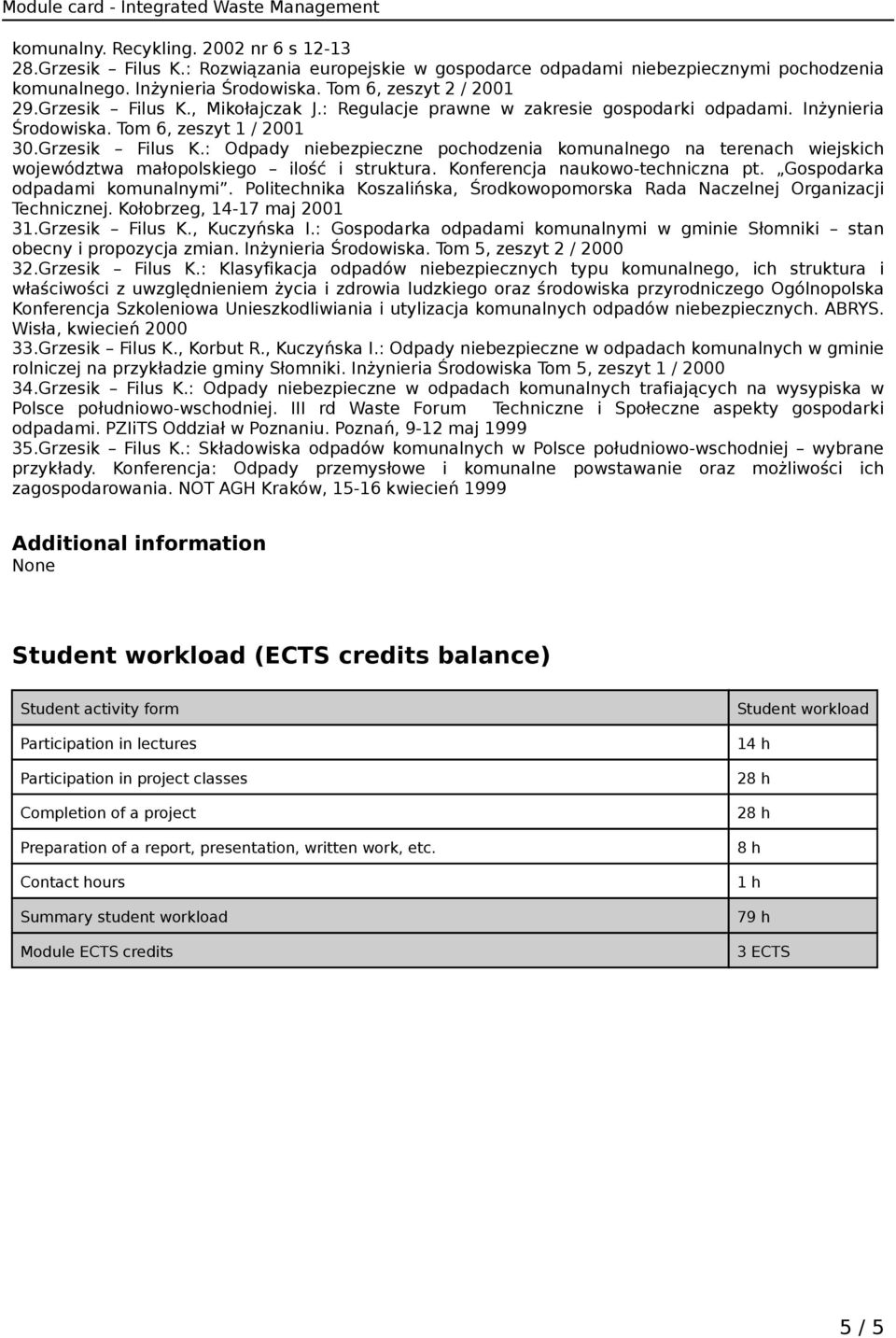 Konferencja naukowo-techniczna pt. Gospodarka odpadami komunalnymi. Politechnika Koszalińska, Środkowopomorska Rada Naczelnej Organizacji Technicznej. Kołobrzeg, 14-17 maj 2001 31.Grzesik Filus K.