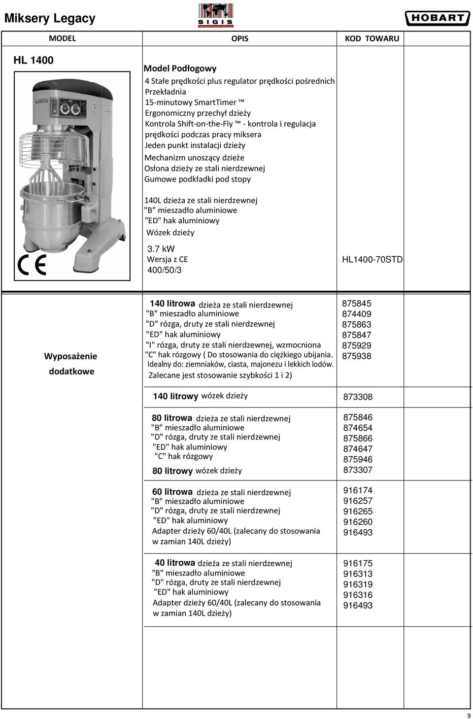 dzieży 3.7 kw Wersja z CE 400/50/3 HL1400-70STD 140 litrowa dzieża ze stali nierdzewnej "I" rózga, druty ze stali nierdzewnej, wzmocniona "C" hak rózgowy ( Do stosowania do ciężkiego ubijania.