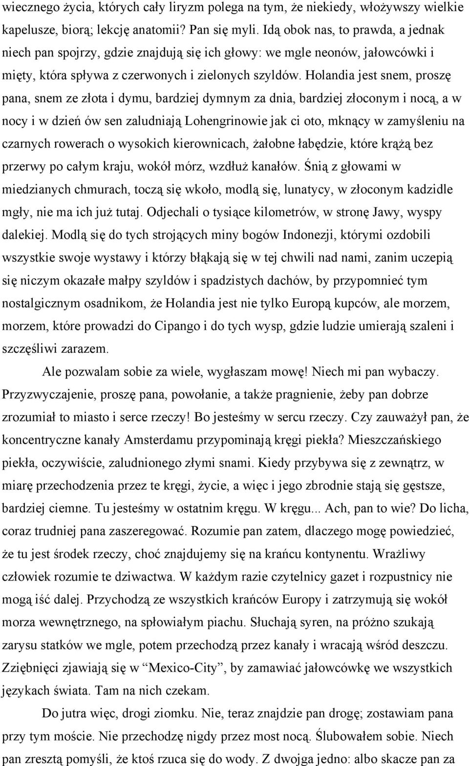 Holandia jest snem, proszę pana, snem ze złota i dymu, bardziej dymnym za dnia, bardziej złoconym i nocą, a w nocy i w dzień ów sen zaludniają Lohengrinowie jak ci oto, mknący w zamyśleniu na