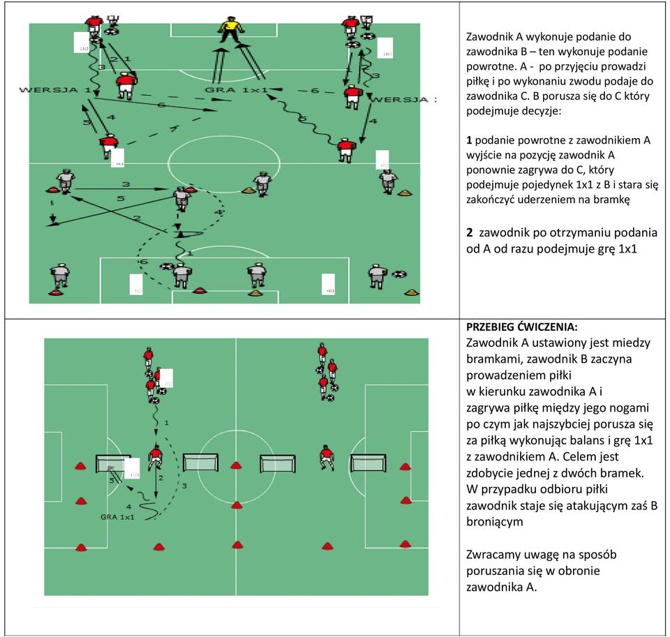 na bramkę 2 zawodnik po otrzymaniu podania od A od razu podejmuje grę 1x1 PRZEBIEG ĆWICZENIA: Zawodnik A ustawiony jest miedzy bramkami, zawodnik B zaczyna prowadzeniem piłki w kierunku zawodnika A i