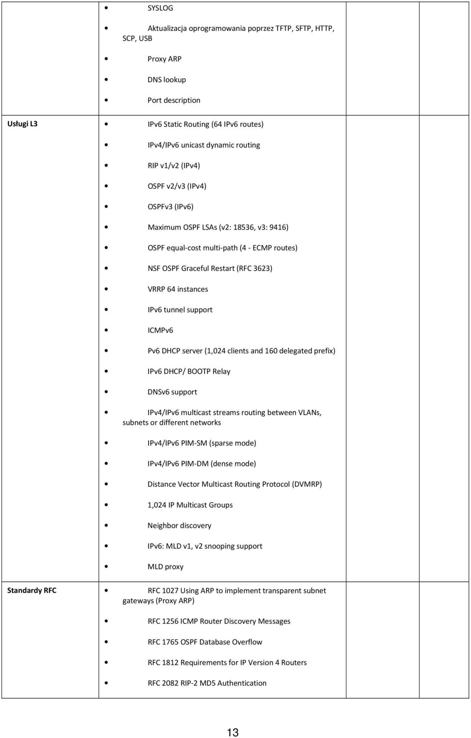 ICMPv6 Pv6 DHCP server (1,024 clients and 160 delegated prefix) IPv6 DHCP/ BOOTP Relay DNSv6 support IPv4/IPv6 multicast streams routing between VLANs, subnets or different networks IPv4/IPv6 PIM-SM