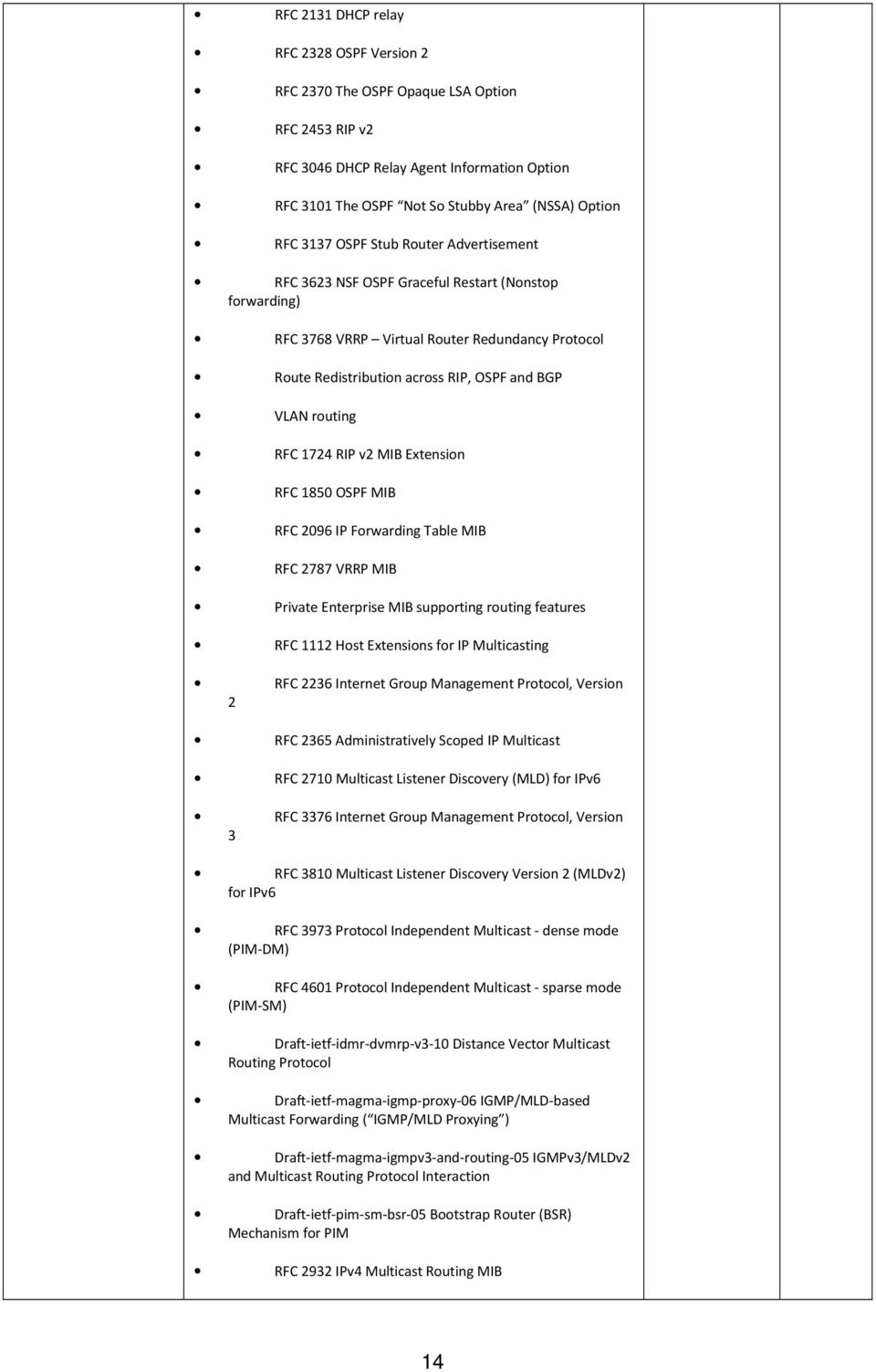 RFC 1724 RIP v2 MIB Extension RFC 1850 OSPF MIB RFC 2096 IP Forwarding Table MIB RFC 2787 VRRP MIB Private Enterprise MIB supporting routing features RFC 1112 Host Extensions for IP Multicasting RFC