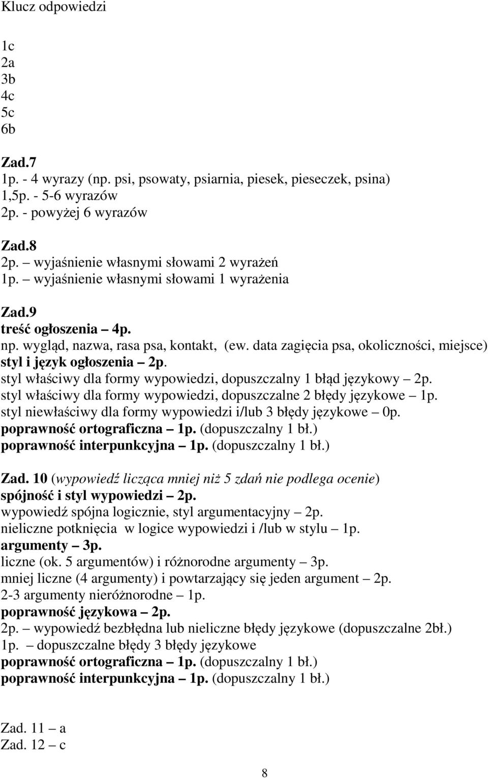 data zagięcia psa, okoliczności, miejsce) styl i język ogłoszenia 2p. styl właściwy dla formy wypowiedzi, dopuszczalny 1 błąd językowy 2p.