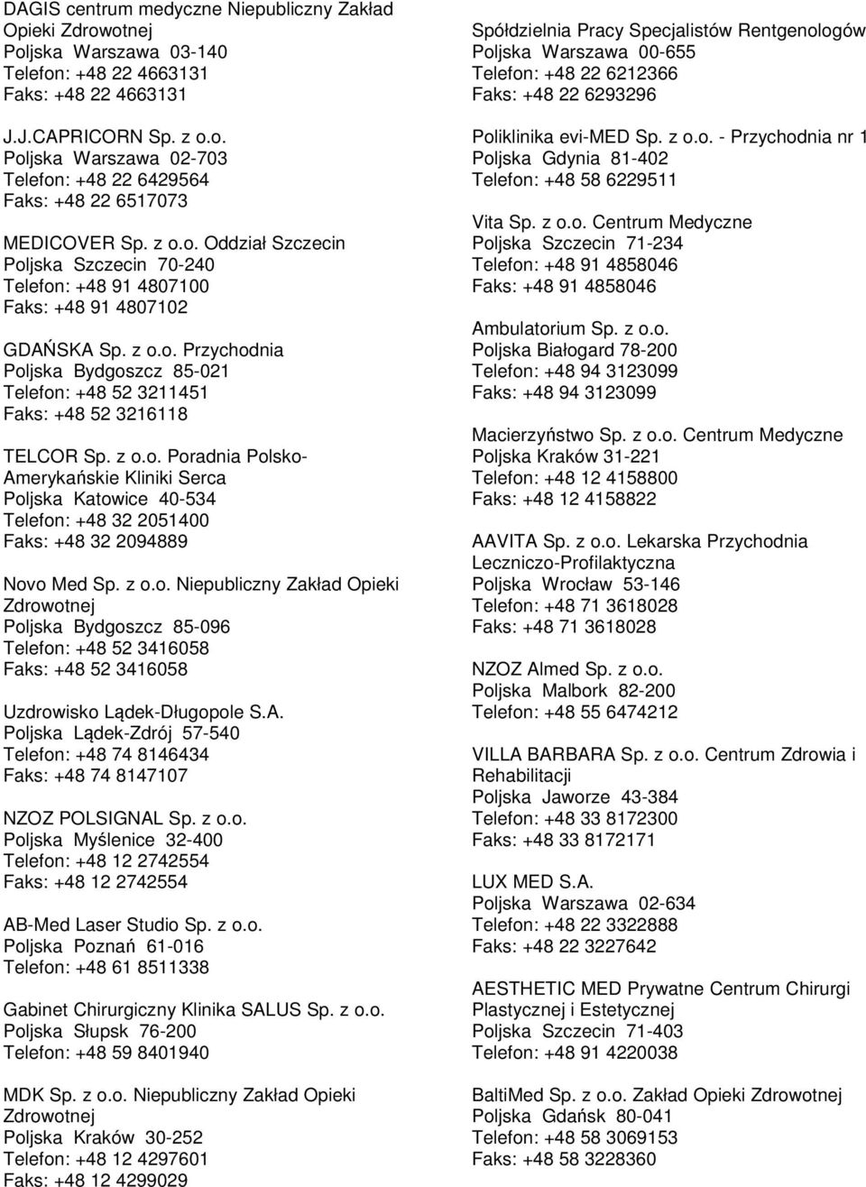 z o.o. Niepubliczny Zakład Opieki Bydgoszcz 85-096 Telefon: +48 52 3416058 Faks: +48 52 3416058 Uzdrowisko Lądek-Długopole S.A.