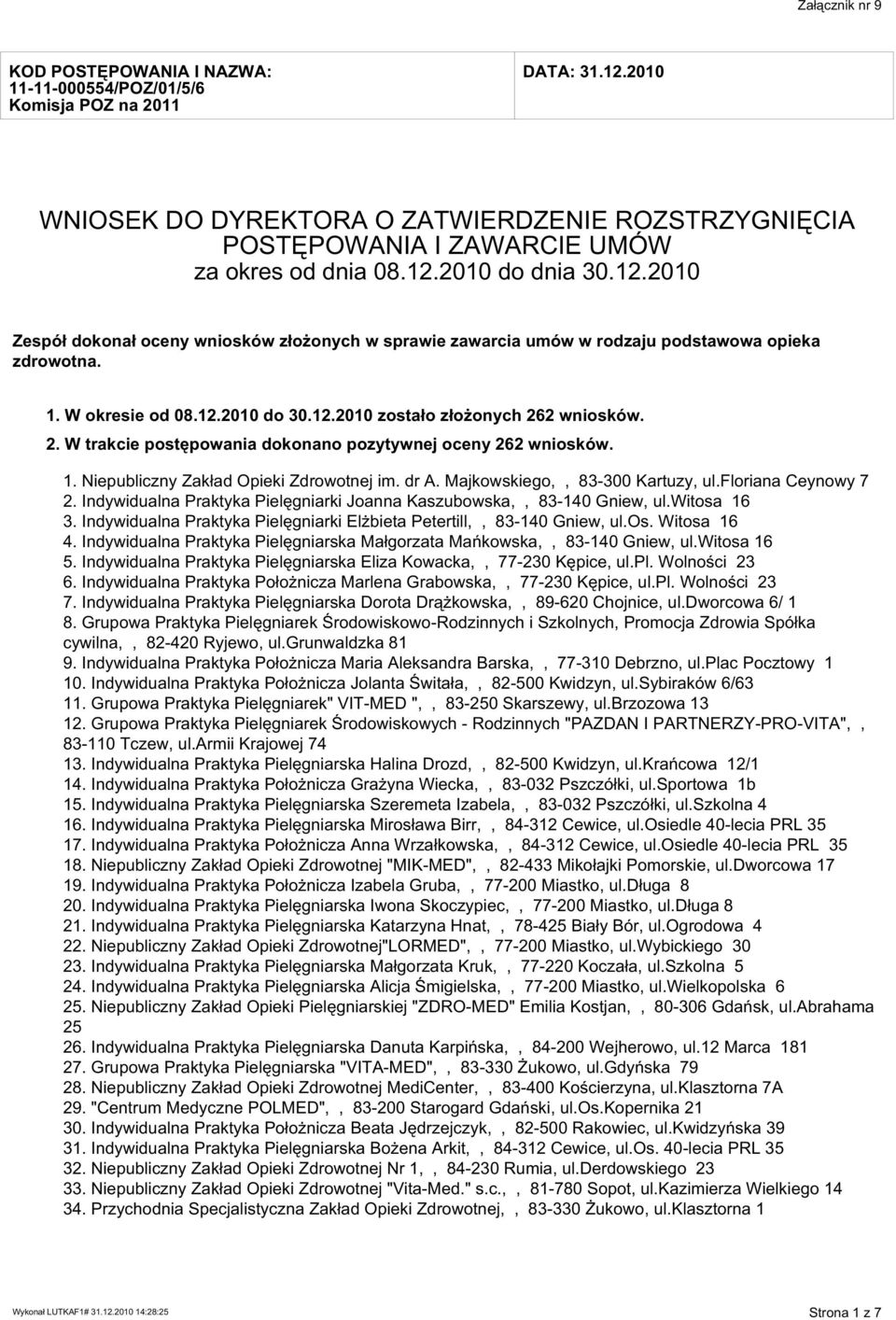 2010 do dnia 30.12.2010 Zesp dokona oceny wniosk w z o onych w sprawie zawarcia um w w rodzaju podstawowa opieka zdrowotna. 1. W okresie od 08.12.2010 do 30.12.2010 zosta o z o onych 26