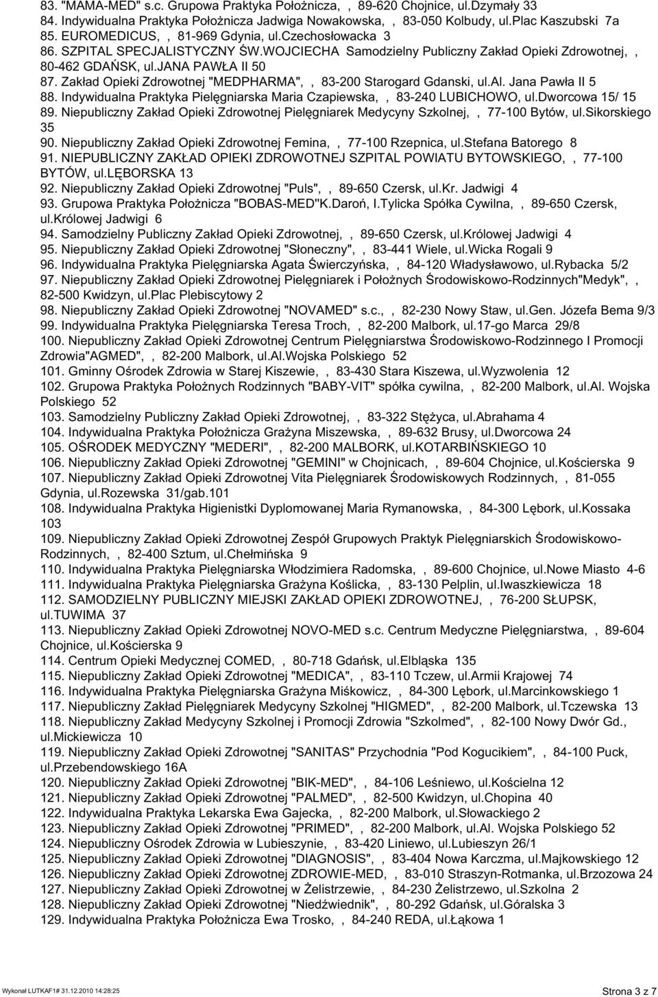 Zak ad Opieki Zdrowotnej "MEDPHARMA",, 83-200 Starogard Gdanski, ul.al. Jana Paw a II 5 88. Indywidualna Praktyka PielŒgniarska Maria Czapiewska,, 83-240 LUBICHOWO, ul.dworcowa 15/ 15 89.