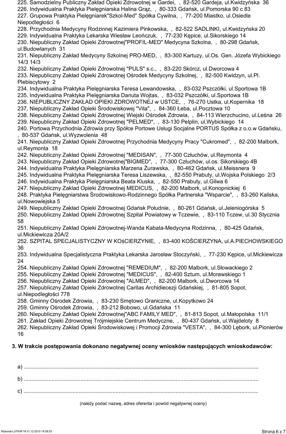 Indywidualna Praktyka Lekarska Wies aw Leoæczuk,, 77-230 KŒpice, ul.sikorskiego 14 230. Niepubliczny Zak ad Opieki Zdrowotnej"PROFIL-MED" Medycyna Szkolna,, 80-298 Gdaæsk, ul.budowlanych 31 231.