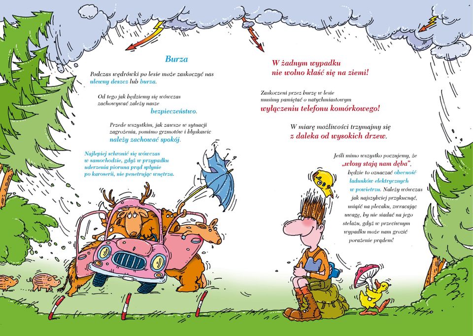 Najlepiej schronić się wówczas w samochodzie, gdyż w przypadku uderzenia pioruna prąd spłynie po karoserii, nie penetrując wnętrza. W żadnym wypadku nie wolno kłaść się na ziemi!