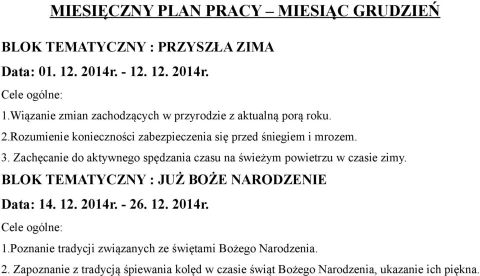 3. Zachęcanie do aktywnego spędzania czasu na świeżym powietrzu w czasie zimy. BLOK TEMATYCZNY : JUŻ BOŻE NARODZENIE Data: 14. 12. 2014r.