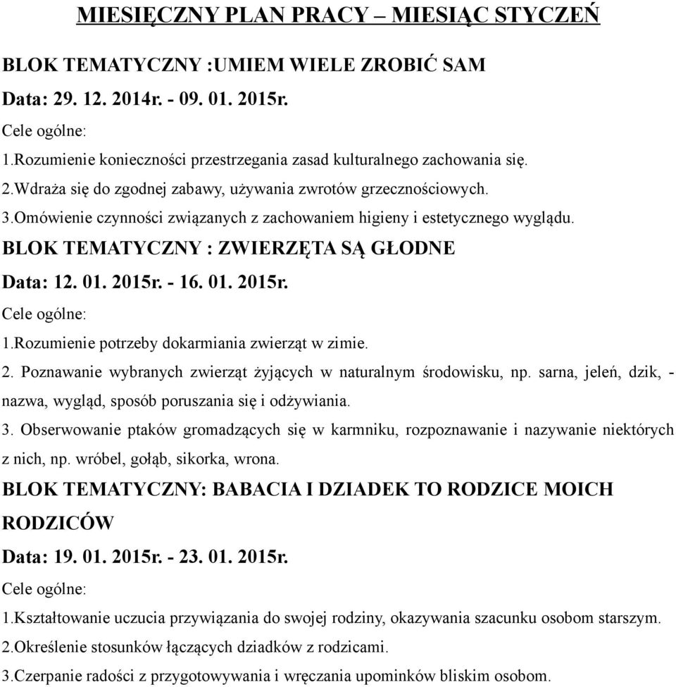 2. Poznawanie wybranych zwierząt żyjących w naturalnym środowisku, np. sarna, jeleń, dzik, - nazwa, wygląd, sposób poruszania się i odżywiania. 3.