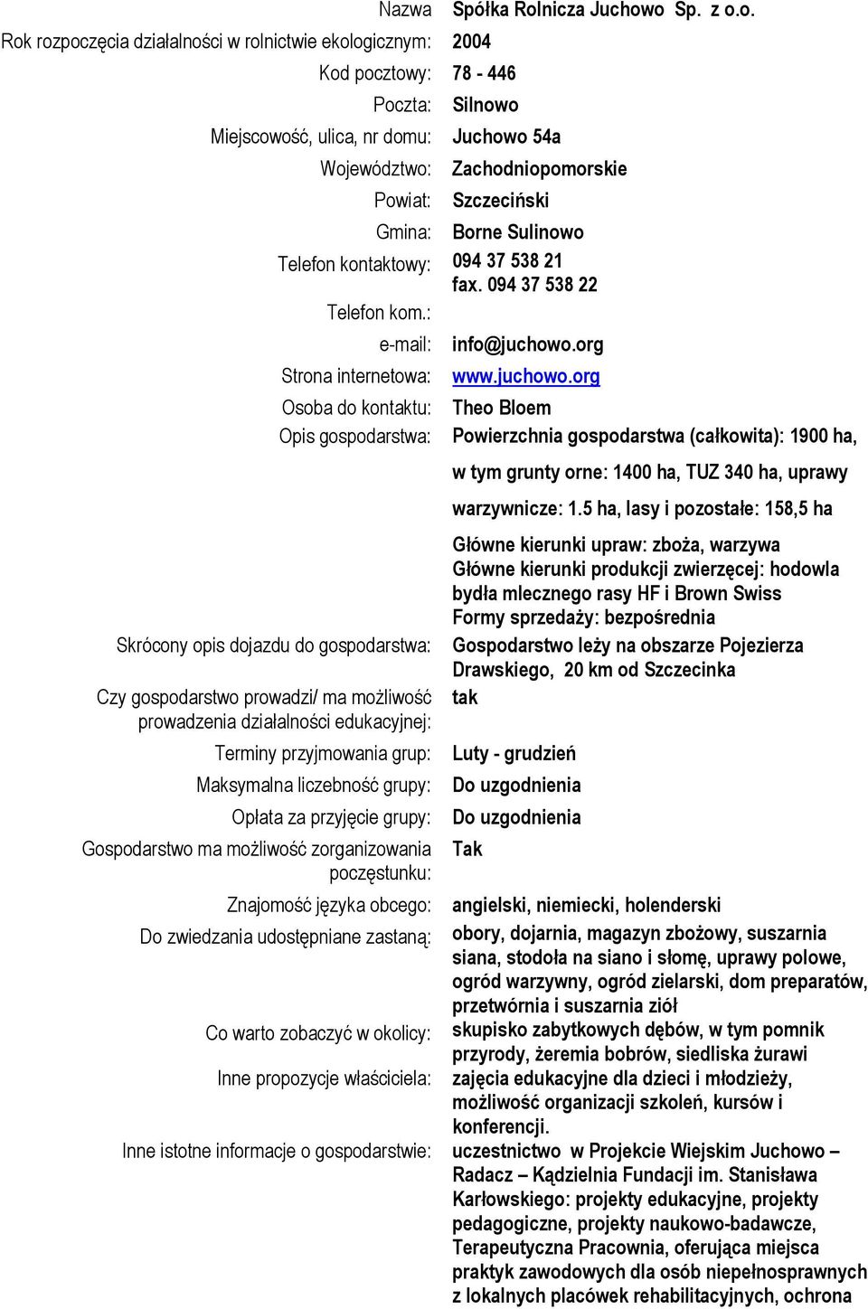 : e-mail: Strona internetowa: Osoba do kontaktu: Opis gospodarstwa: Skrócony opis dojazdu do gospodarstwa: Czy gospodarstwo prowadzi/ ma możliwość prowadzenia działalności edukacyjnej: Terminy