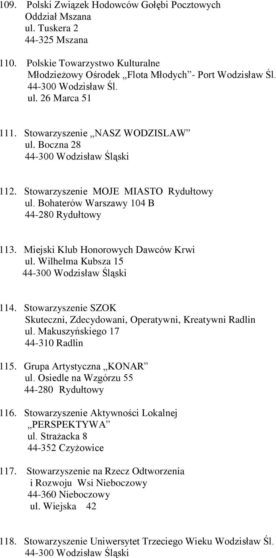 Miejski Klub Honorowych Dawców Krwi ul. Wilhelma Kubsza 15 114. Stowarzyszenie SZOK Skuteczni, Zdecydowani, Operatywni, Kreatywni Radlin ul. Makuszyńskiego 17 115. Grupa Artystyczna KONAR ul.