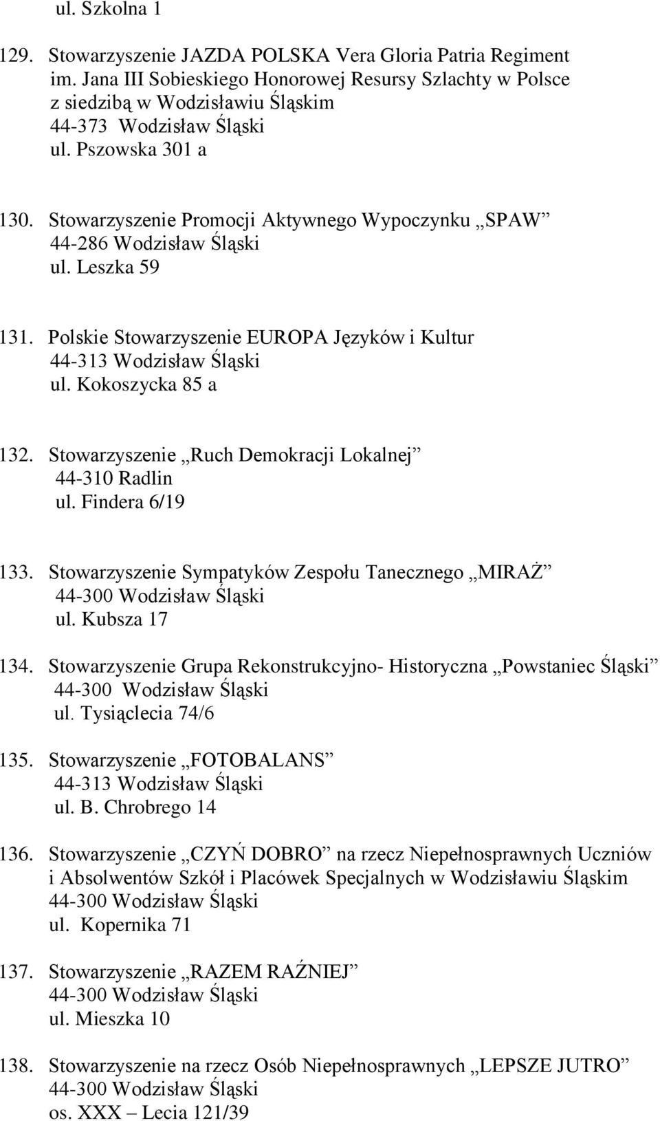 Kokoszycka 85 a 132. Stowarzyszenie Ruch Demokracji Lokalnej ul. Findera 6/19 133. Stowarzyszenie Sympatyków Zespołu Tanecznego MIRAŻ ul. Kubsza 17 134.