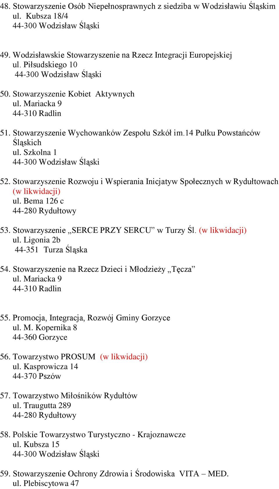 Stowarzyszenie Rozwoju i Wspierania Inicjatyw Społecznych w Rydułtowach (w likwidacji) ul. Bema 126 c 53. Stowarzyszenie SERCE PRZY SERCU w Turzy Śl. (w likwidacji) ul. Ligonia 2b 44-351 Turza Śląska 54.