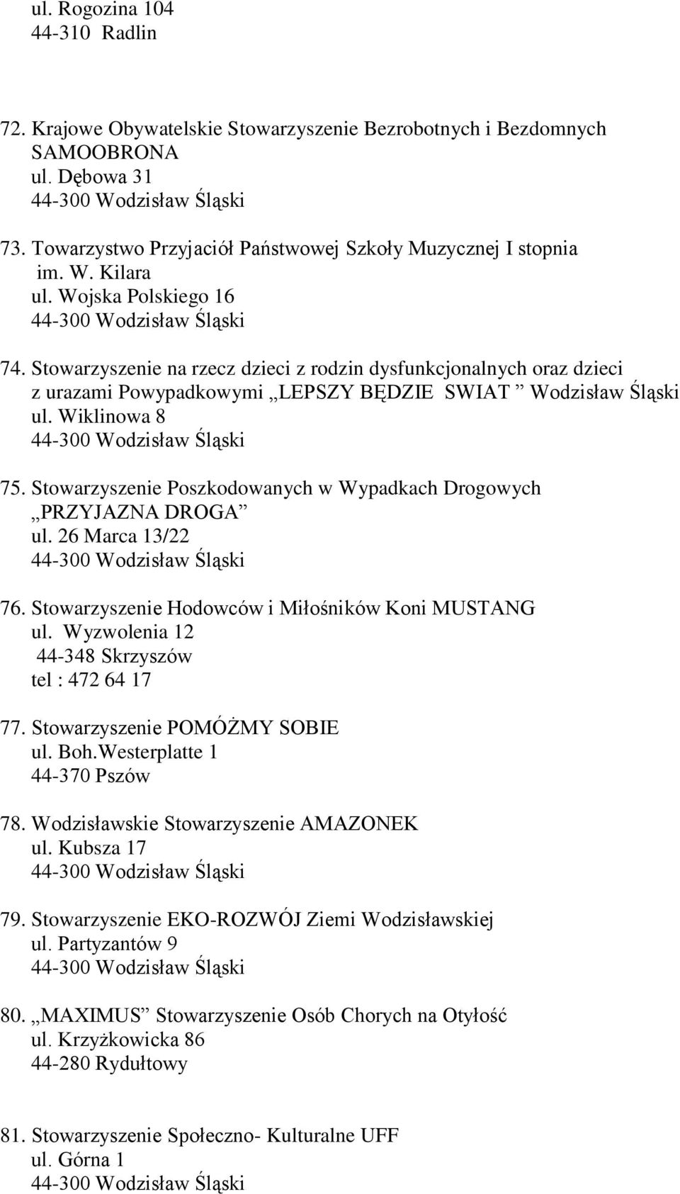 Stowarzyszenie Poszkodowanych w Wypadkach Drogowych PRZYJAZNA DROGA ul. 26 Marca 13/22 76. Stowarzyszenie Hodowców i Miłośników Koni MUSTANG ul. Wyzwolenia 12 44-348 Skrzyszów tel : 472 64 17 77.