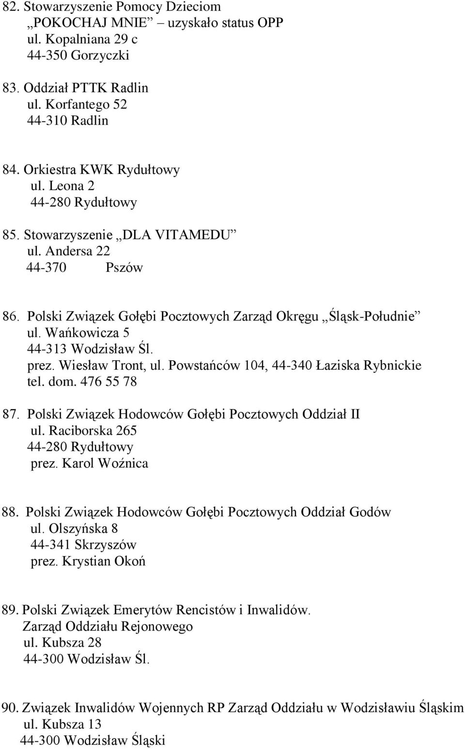 Powstańców 104, 44-340 Łaziska Rybnickie tel. dom. 476 55 78 87. Polski Związek Hodowców Gołębi Pocztowych Oddział II ul. Raciborska 265 prez. Karol Woźnica 88.