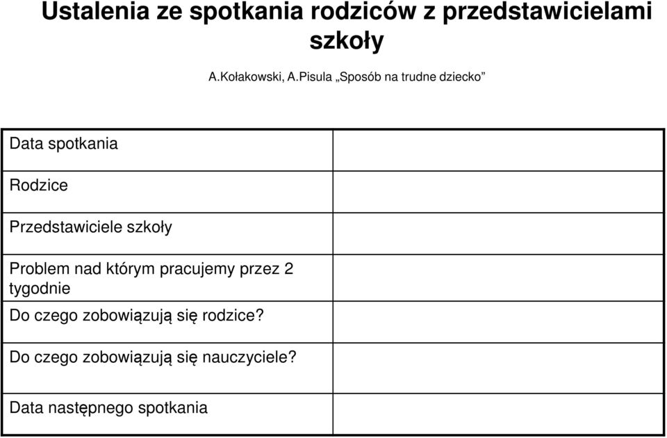 Pisula Sposób na trudne dziecko Data spotkania Rodzice Przedstawiciele