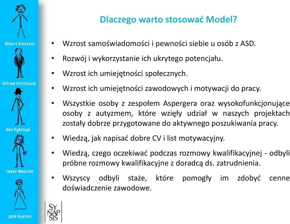 Wszystkie osoby z zespołem Aspergera oraz wysokofunkcjonujące osoby z autyzmem, które wzięły udział w naszych projektach zostały dobrze przygotowane do aktywnego