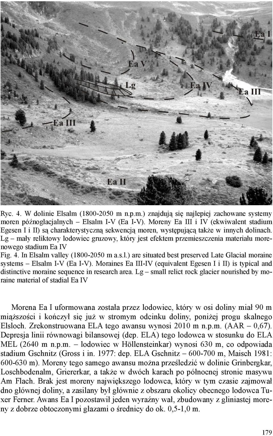 Lg mały reliktowy lodowiec gruzowy, który jest efektem przemieszczenia materiału morenowego stadium Ea IV Fig. 4. In Elsalm valley (1800-2050 m a.s.l.) are situated best preserved Late Glacial moraine systems Elsalm I-V (Ea I-V).