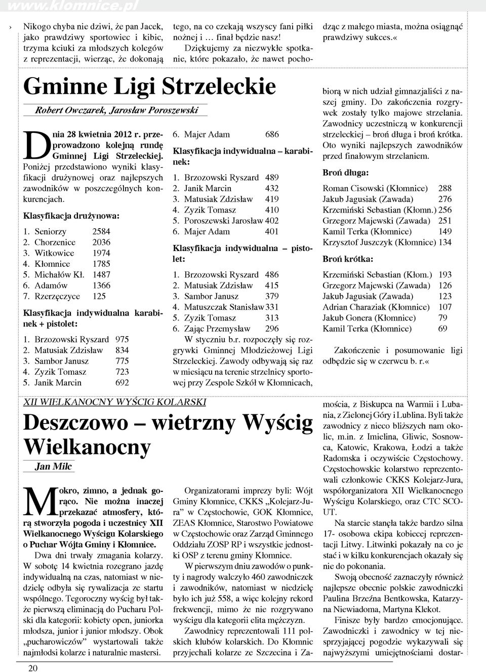 przeprowadzono kolejną rundę Gminnej Ligi Strzeleckiej. Poniżej przedstawiono wyniki klasyfikacji drużynowej oraz najlepszych zawodników w poszczególnych konkurencjach. Klasyfikacja drużynowa: 1.