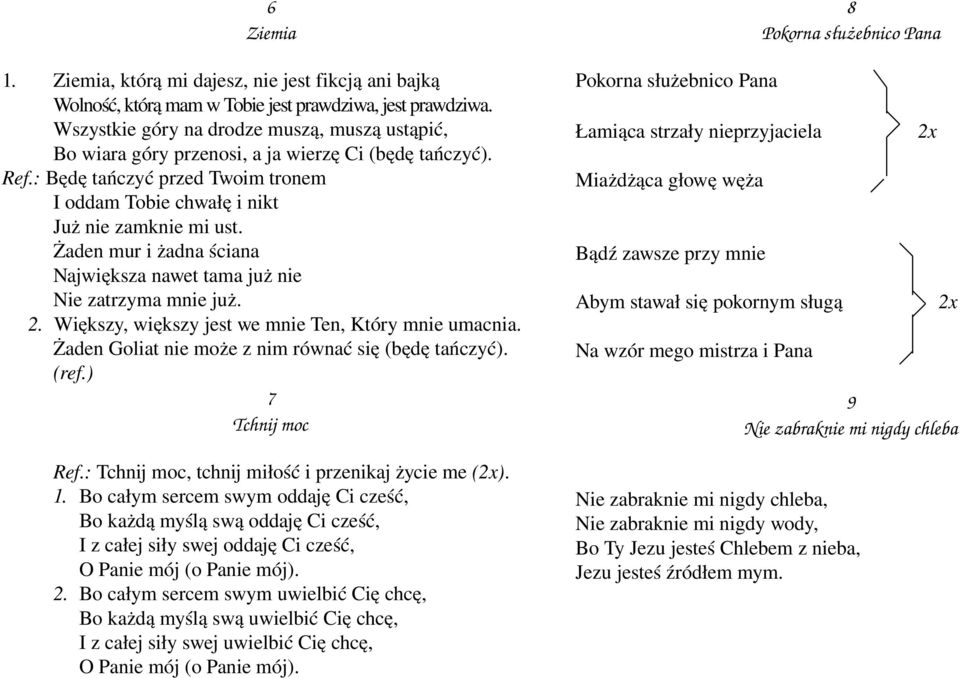 Żaden mur i żadna ściana Największa nawet tama już nie Nie zatrzyma mnie już. 2. Większy, większy jest we mnie Ten, Który mnie umacnia. Żaden Goliat nie może z nim równać się (będę tańczyć). (ref.