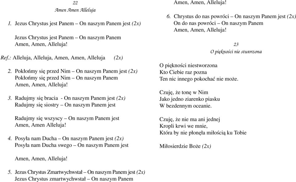 Radujmy się bracia On naszym Panem jest (2x) Radujmy się siostry On naszym Panem jest Radujmy się wszyscy On naszym Panem jest Amen, Amen Alleluja! 4.