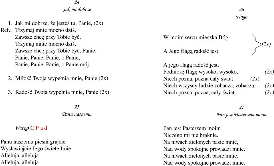 Miłość Twoja wypełnia mnie, Panie (2x) 3. Radość Twoja wypełnia mnie, Panie (2x) W moim sercu mieszka Bóg A Jego flagą radość jest 26 Flaga A jego flagą radość jest.