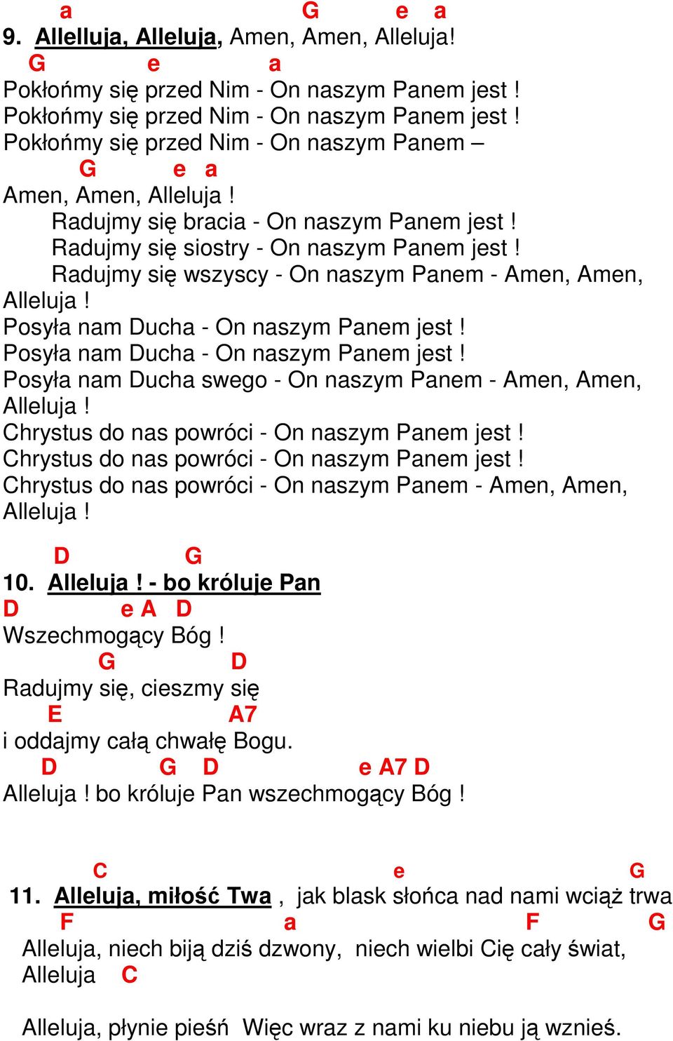 Posyła nam ucha - On naszym Panem jest! Posyła nam ucha swego - On naszym Panem - Amen, Amen, Alleluja! Chrystus do nas powróci - On naszym Panem jest!